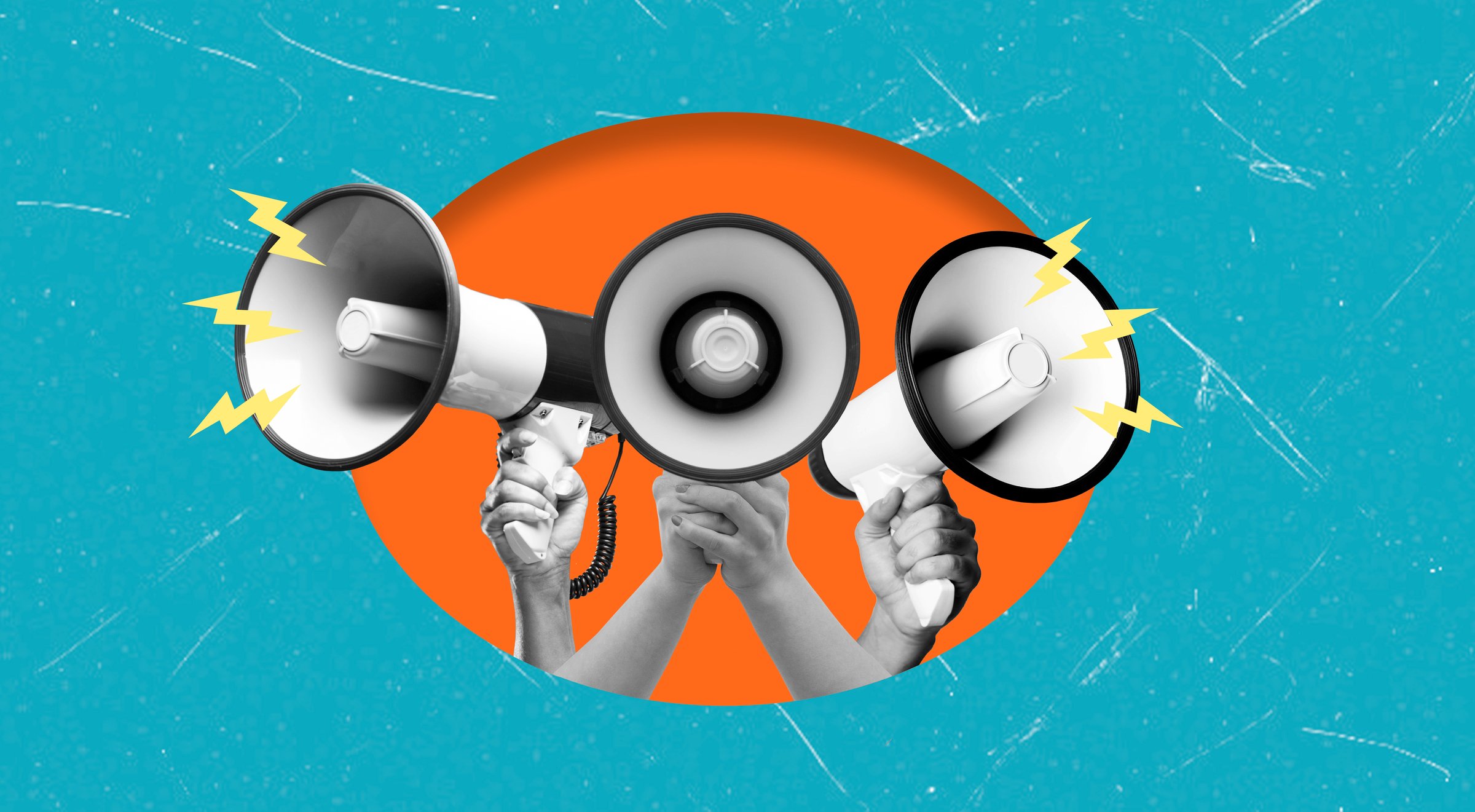 Hands hold three distinct megaphones, projecting voices of passion and advocacy. The colorful background enhances the energy and urgency of the gathering focused on social causes.