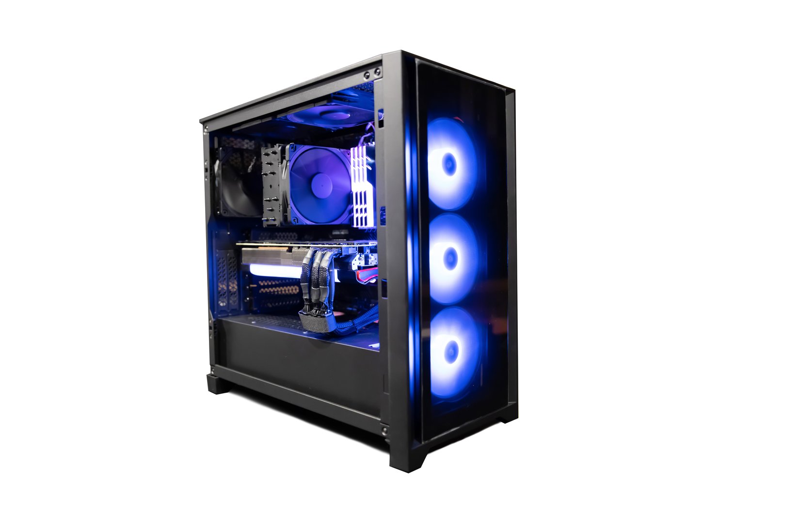 Isolated Black Destop Computer Middle Size Tower with LED RGB Light on White Background