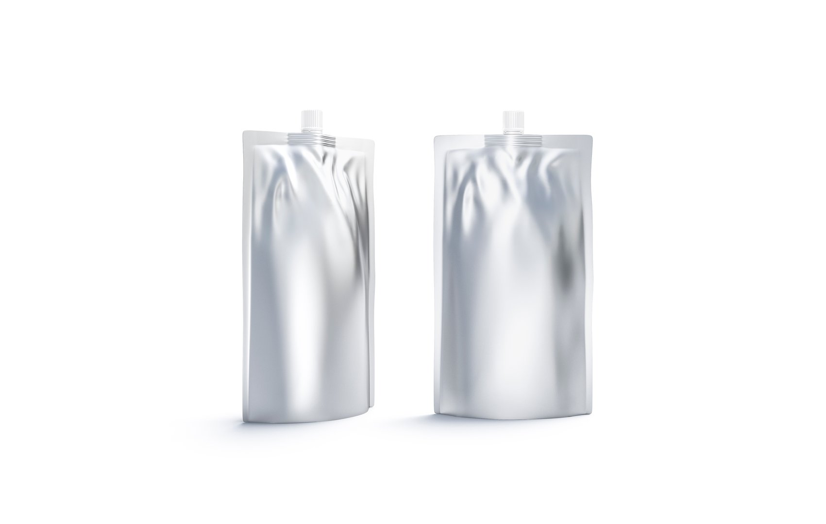 Blank silver sause pouch with spout mockup, front and side, 3d rendering. Empty airtight doy parcel mock up, isolated. Clear aluminium package for fast food souce mokcup template.