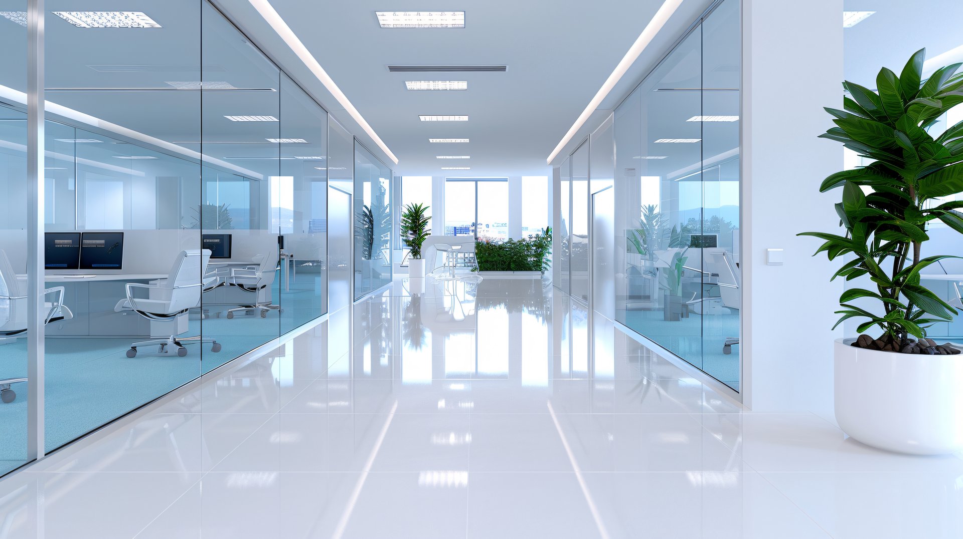 Clean and bright modern office interior featuring a spacious hallway, glass partitions, lush green plants, and contemporary design elements. Ideal for showcasing corporate environments, professional workspaces, and modern business architecture.