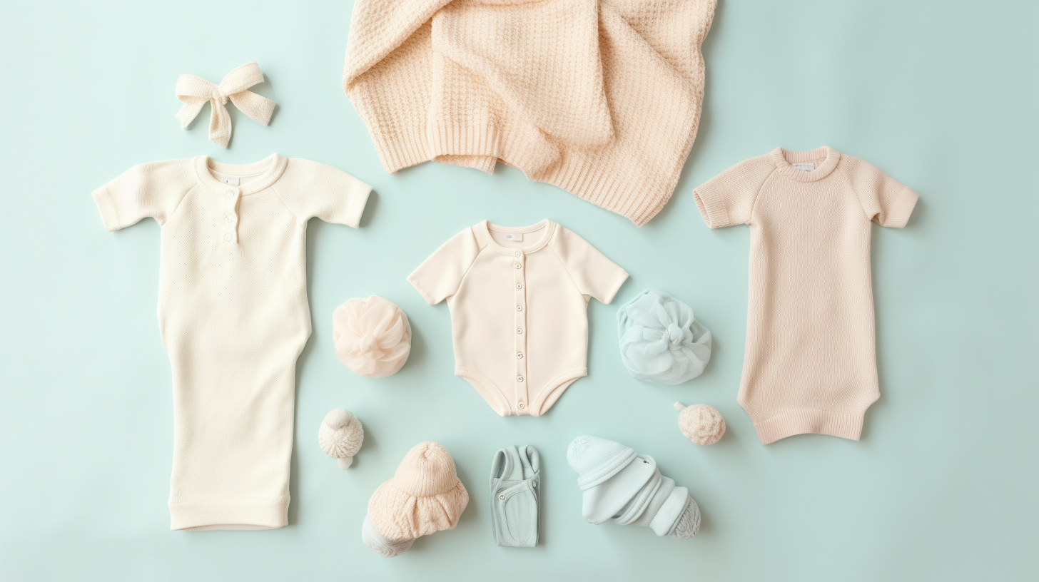Collection of pastel baby clothing, including onesies, hats, booties, and a bow, arranged on a light blue background.