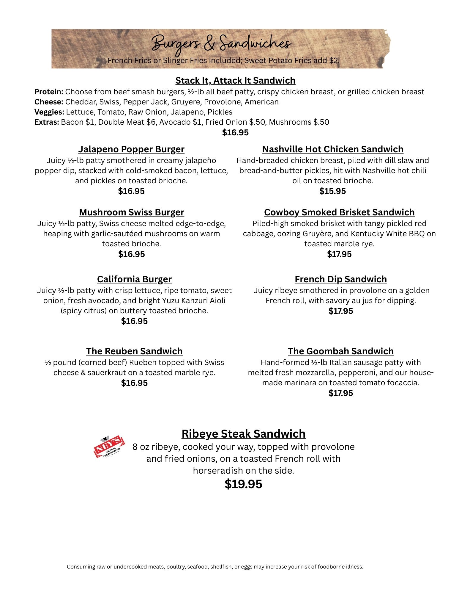 Burgers and Sandwiches Menu