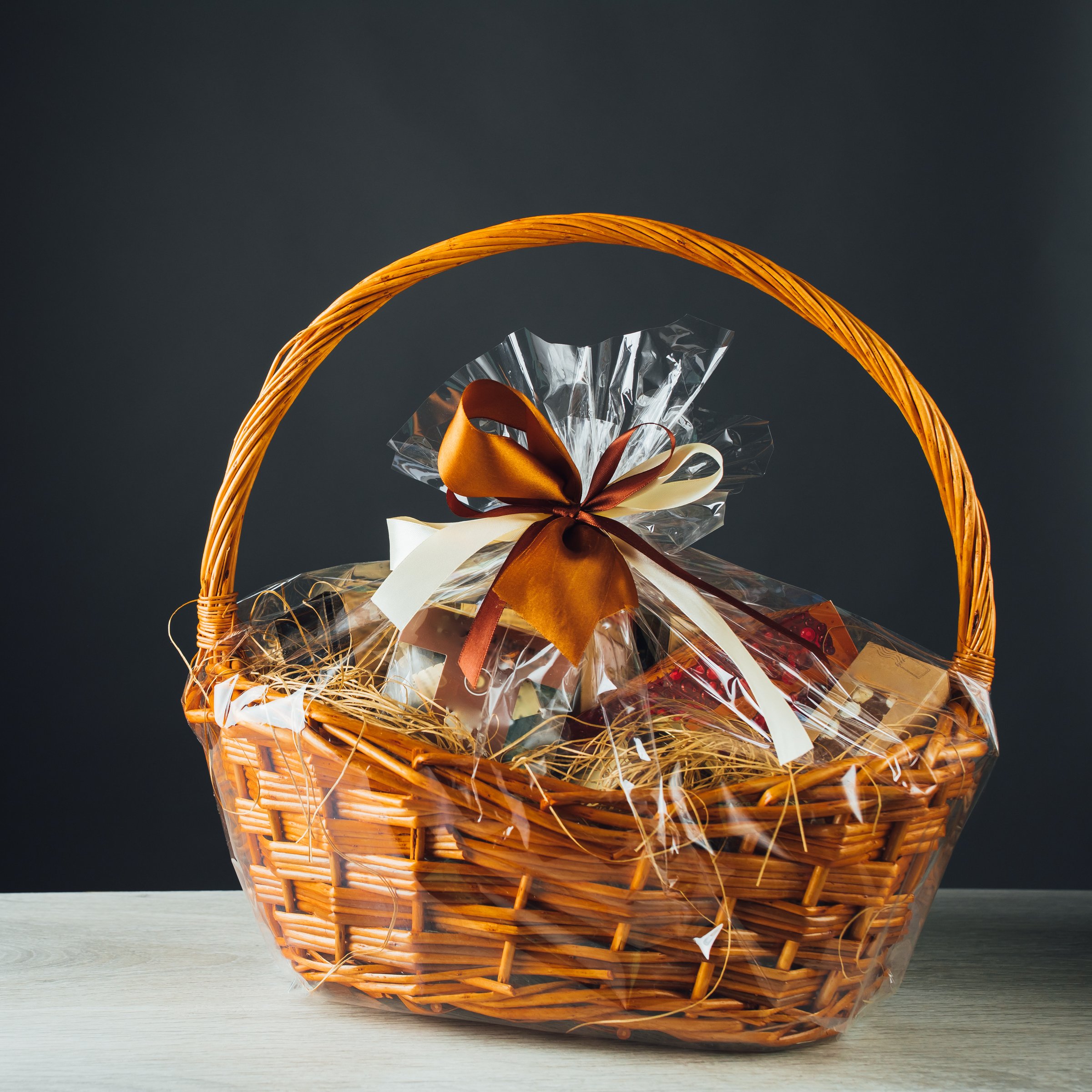 gift basket on gray background with copy-space