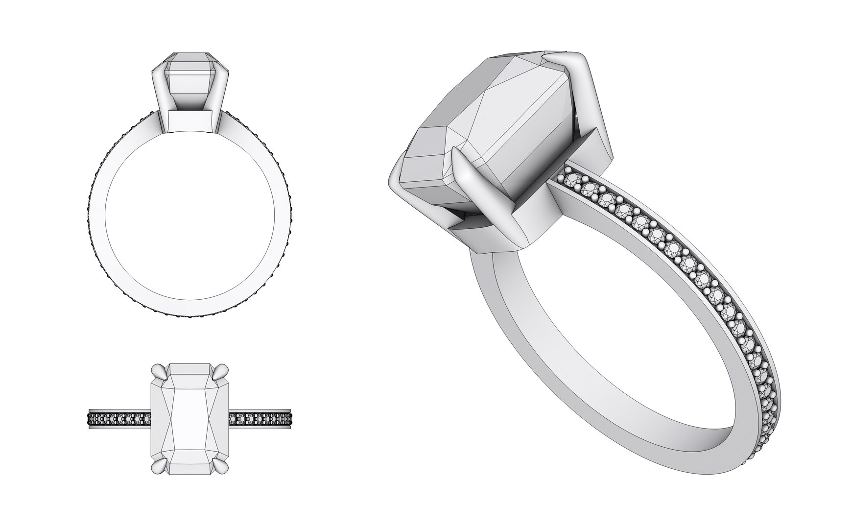 Gemstones ring mock up design. Top, side and isometric views. 3d illustration set isolated on white