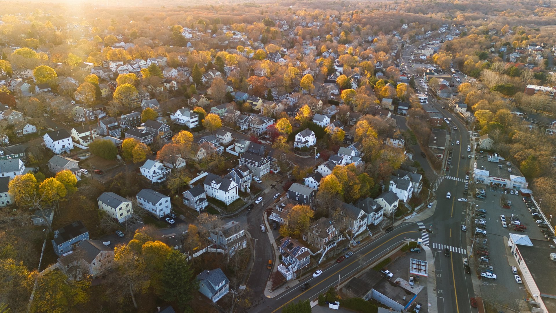 highway and houses in late evening