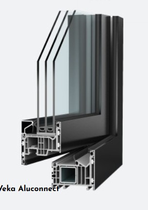 Cross-section of a triple-glazed window with Veka Aluconnect frame, showcasing its design and material structure.