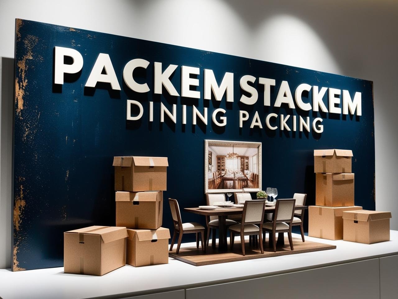PackEmStackEm Dining Packing sign with dark blue background, packing boxes and mini dining set