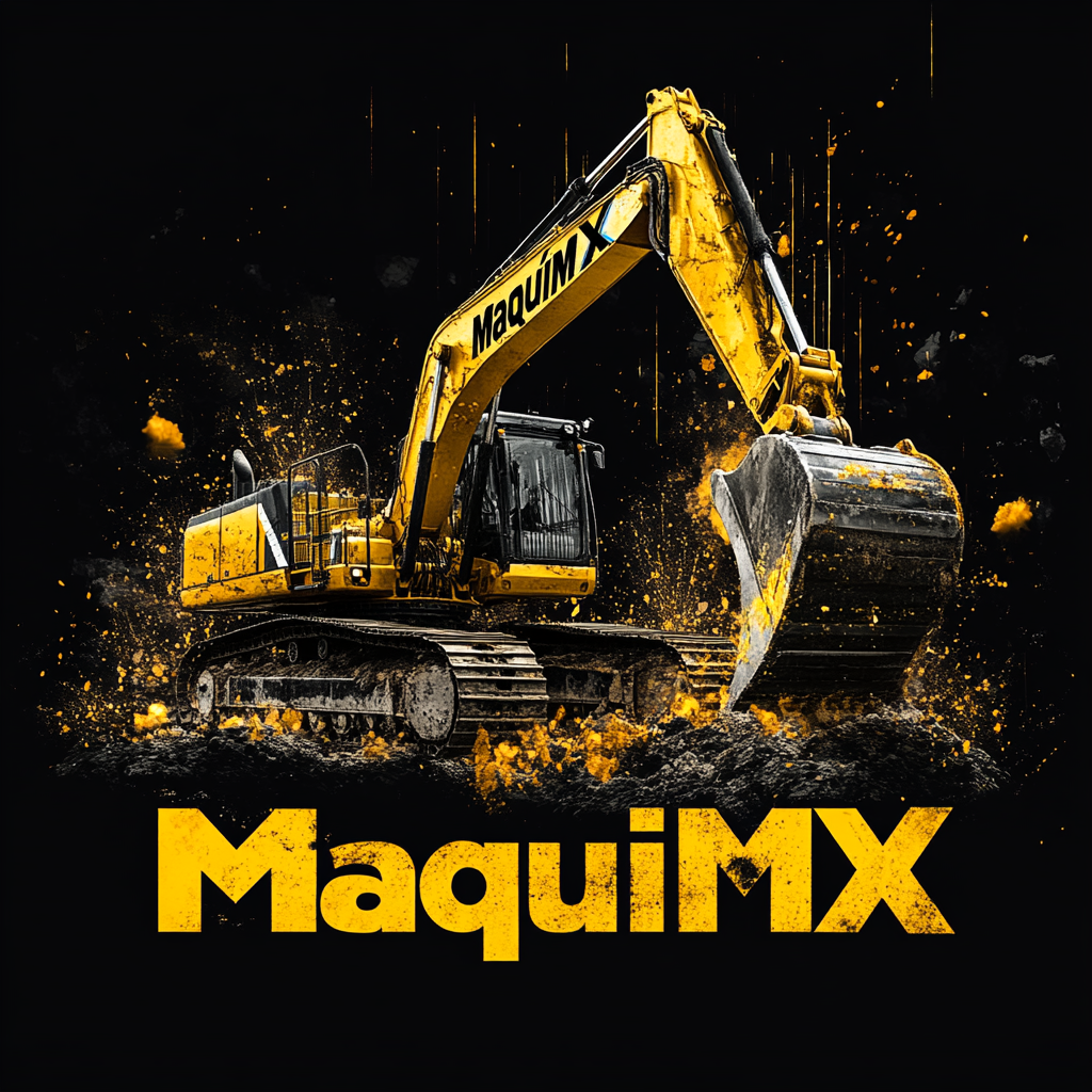 Vibrant image of a yellow excavator with "MaquiMX" branding, surrounded by splashes of dark material, on a black background.