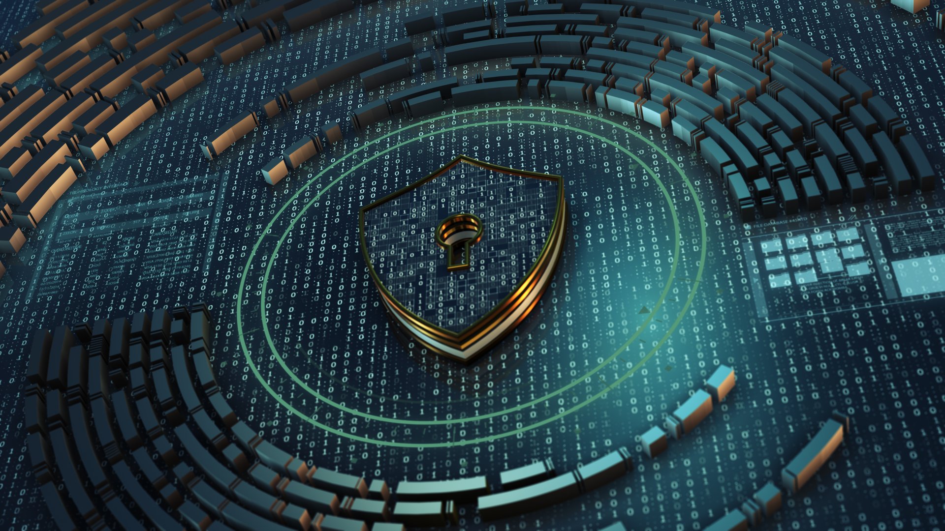 HUD and Shield Icon of Cyber Security, Digital Data Network Protection, Future Technology Network Concept.