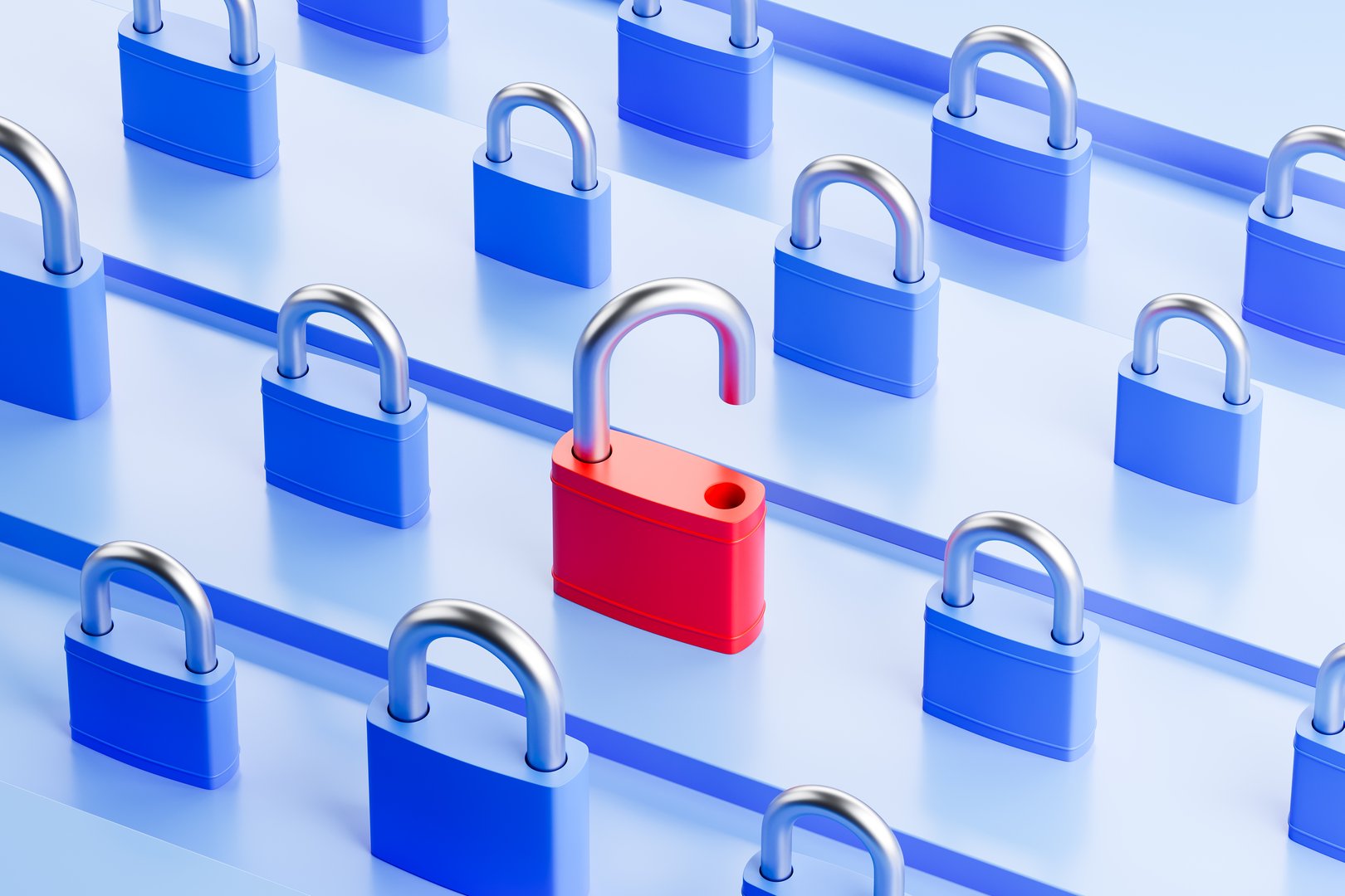 Red unlocked padlock among blue locked padlocks on a light background, symbolizing data security, vulnerability, and uniqueness. 3D Rendering