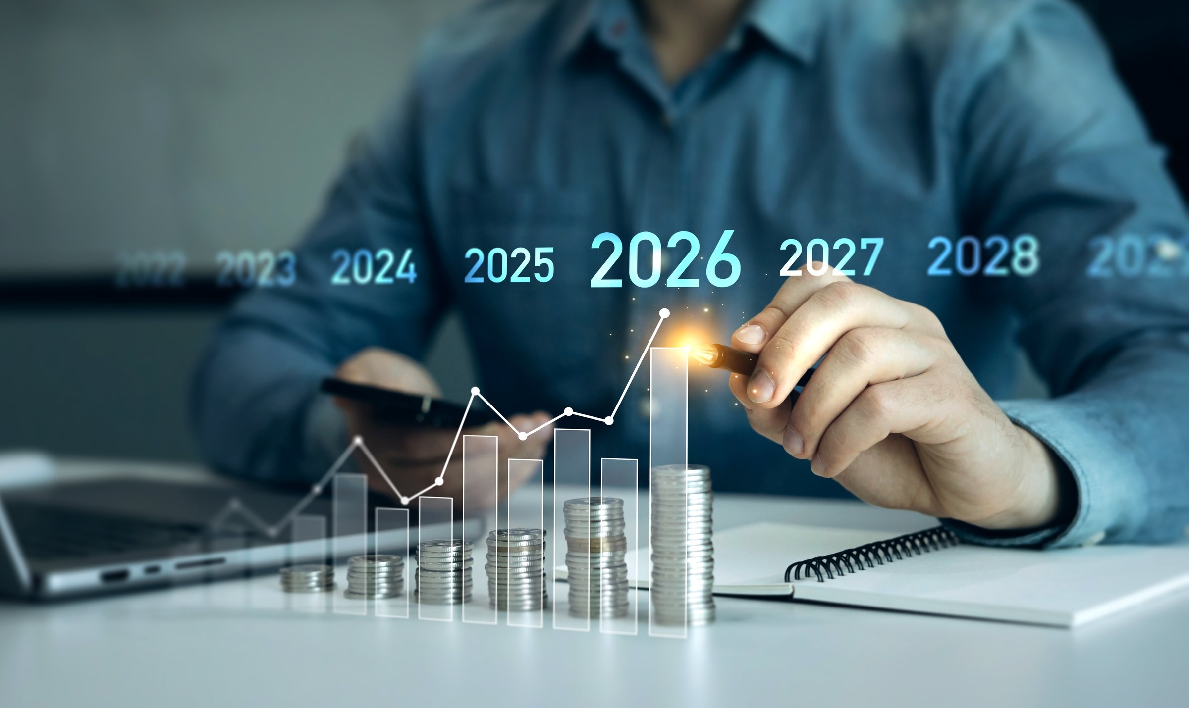 Increase chart arrow graph corporate business future growth new year 2026. New opportunity, challenge and strategy in 2026. New plans,goals and visions in business for new year 2026