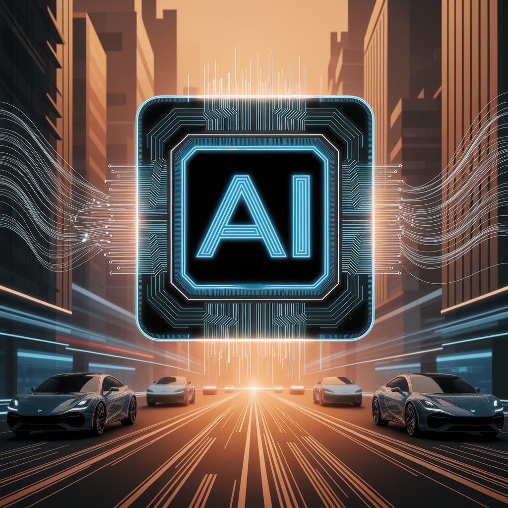 Futuristic cityscape with AI chip symbol, digital circuits, and autonomous cars on a glowing road at sunset.