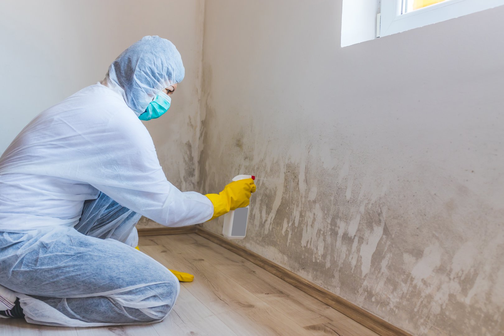 Professional mold remediation worker removing mold from wall