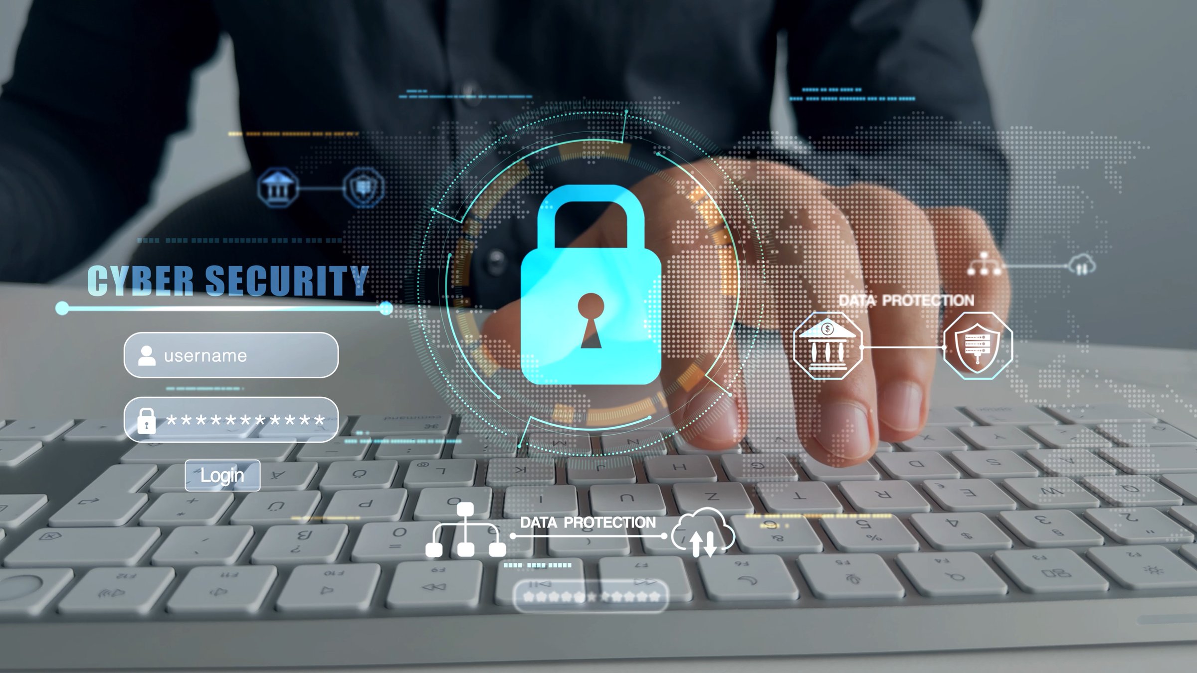 Protecting herself from cyber attacks and personal data.Cyber security network.Cyber security protection concept.Data protection concept