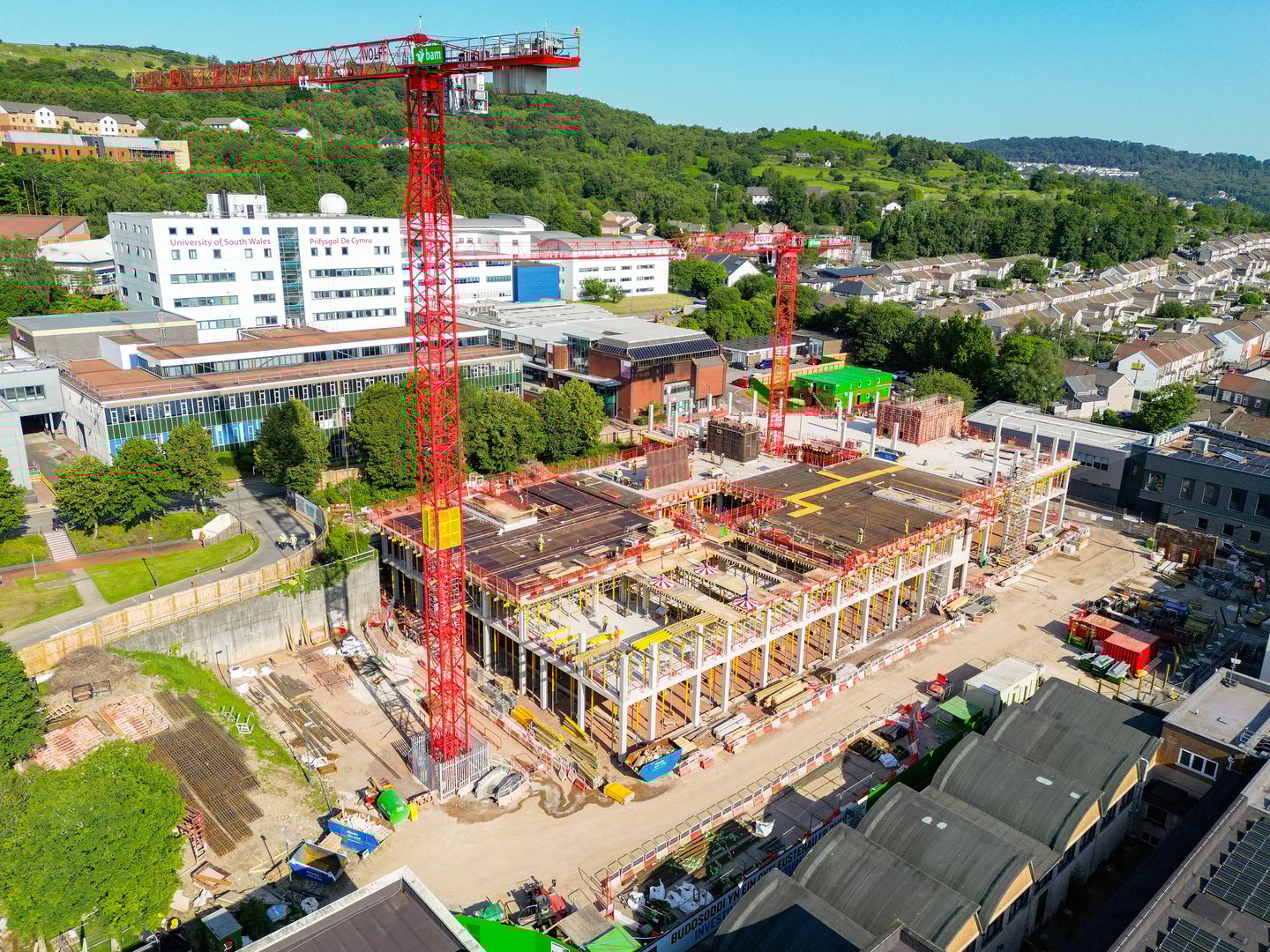 Treforest, Pontypridd, Wales, UK - 19 June 2025: Aerial view of a new building being built on the University of South Wales campus in Treforest