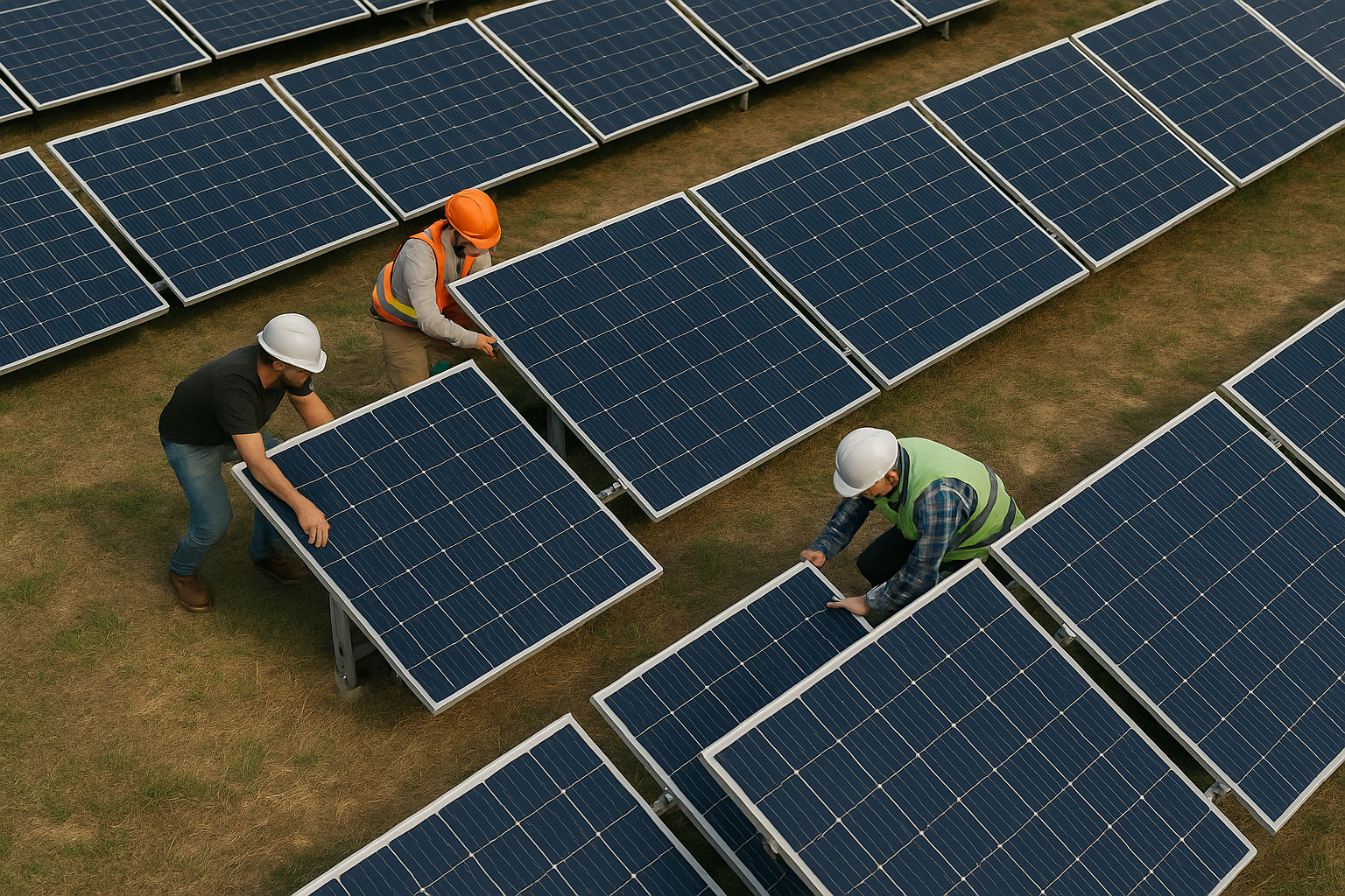 Aerial view of engineer worker walking on rooftop checking on solar cell panels installed on roof of the factory with professional team. Electric power industry renewable energy.