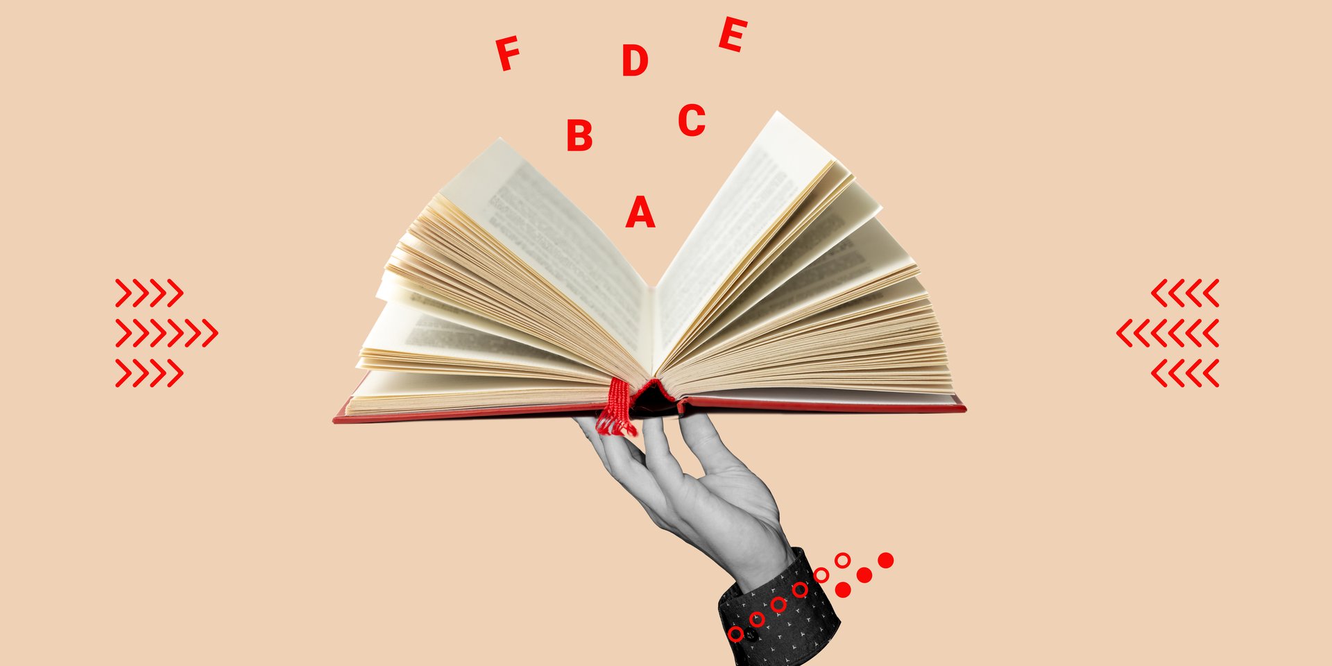 A hand holding an open book with letters flying out, symbolizing education, knowledge, or creativity. Minimalist art collage