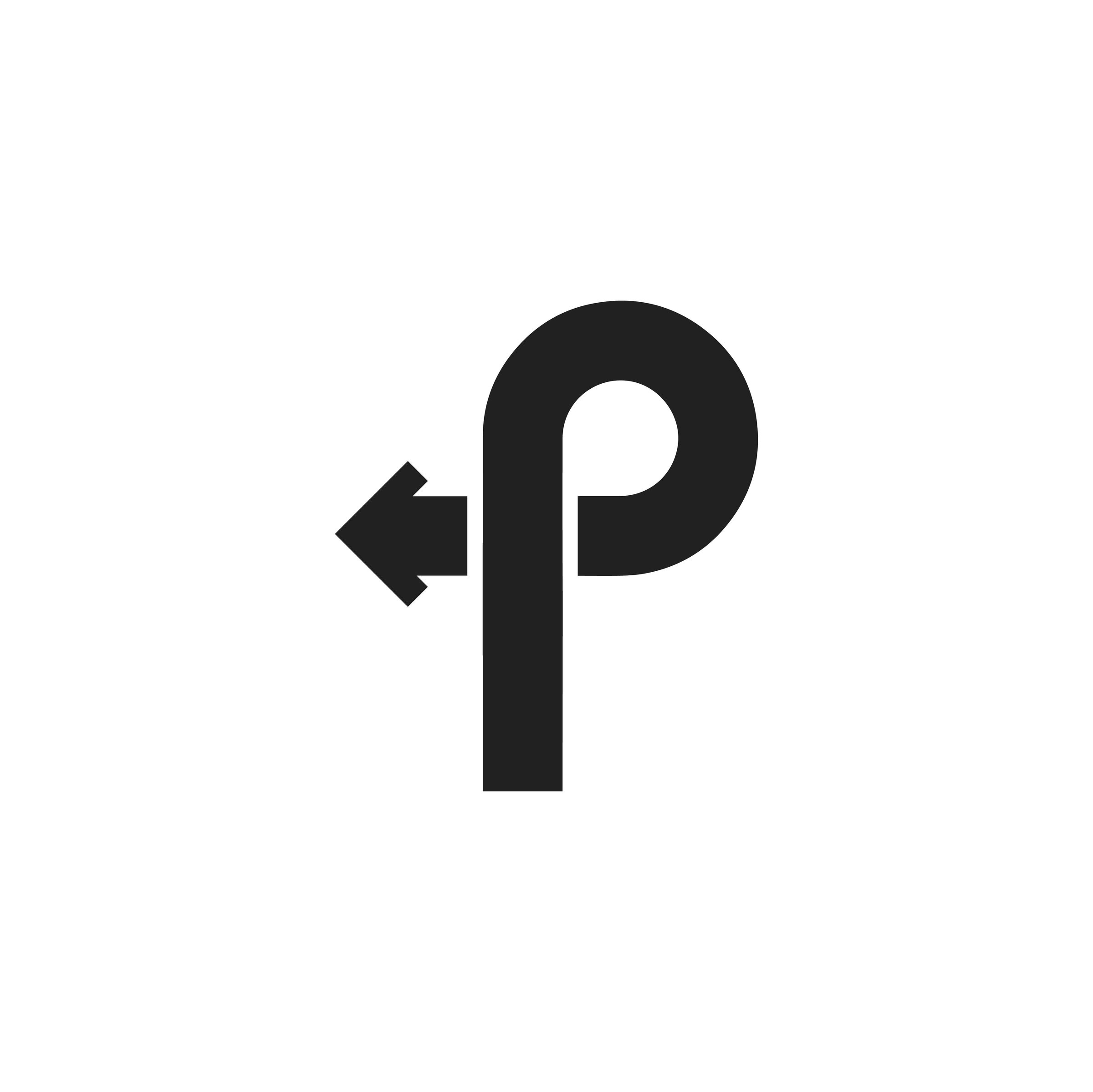 Stylized left turn arrow with a hook shape on a white background, resembling a road sign or directional symbol.