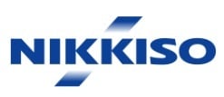 Nikkiso logo with bold blue text and diagonal strokes on a white background.