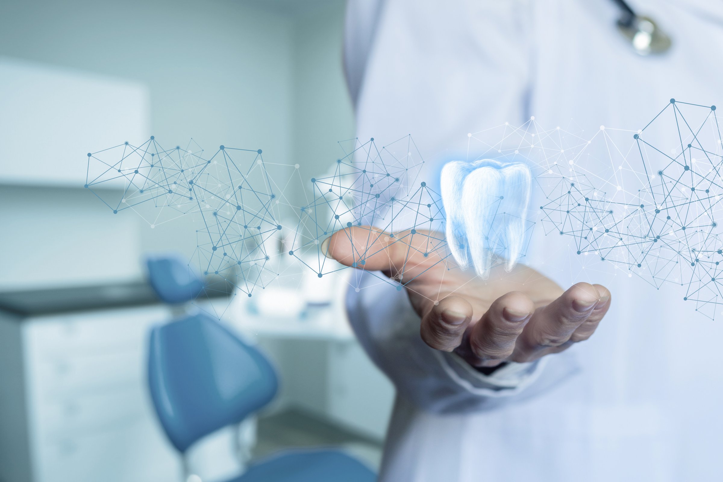Doctor Dentist shows a sketch of a tooth on a blurred background.