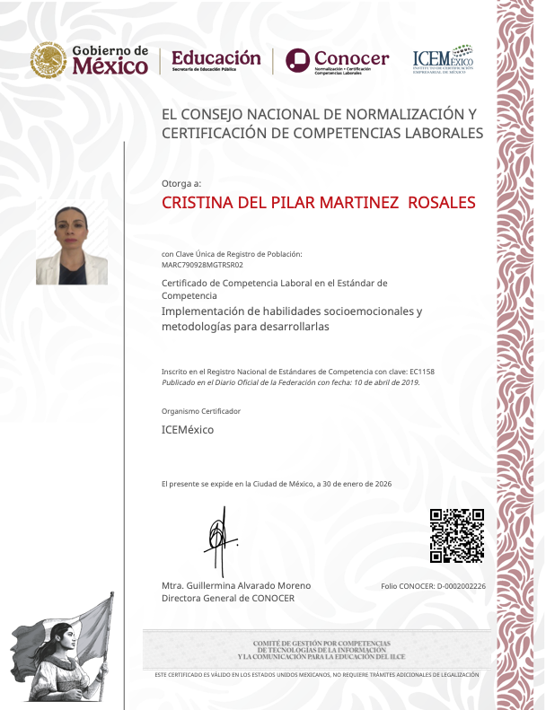 Certificado EC1158 CONOCER de Cristina del Pilar Martínez Rosales