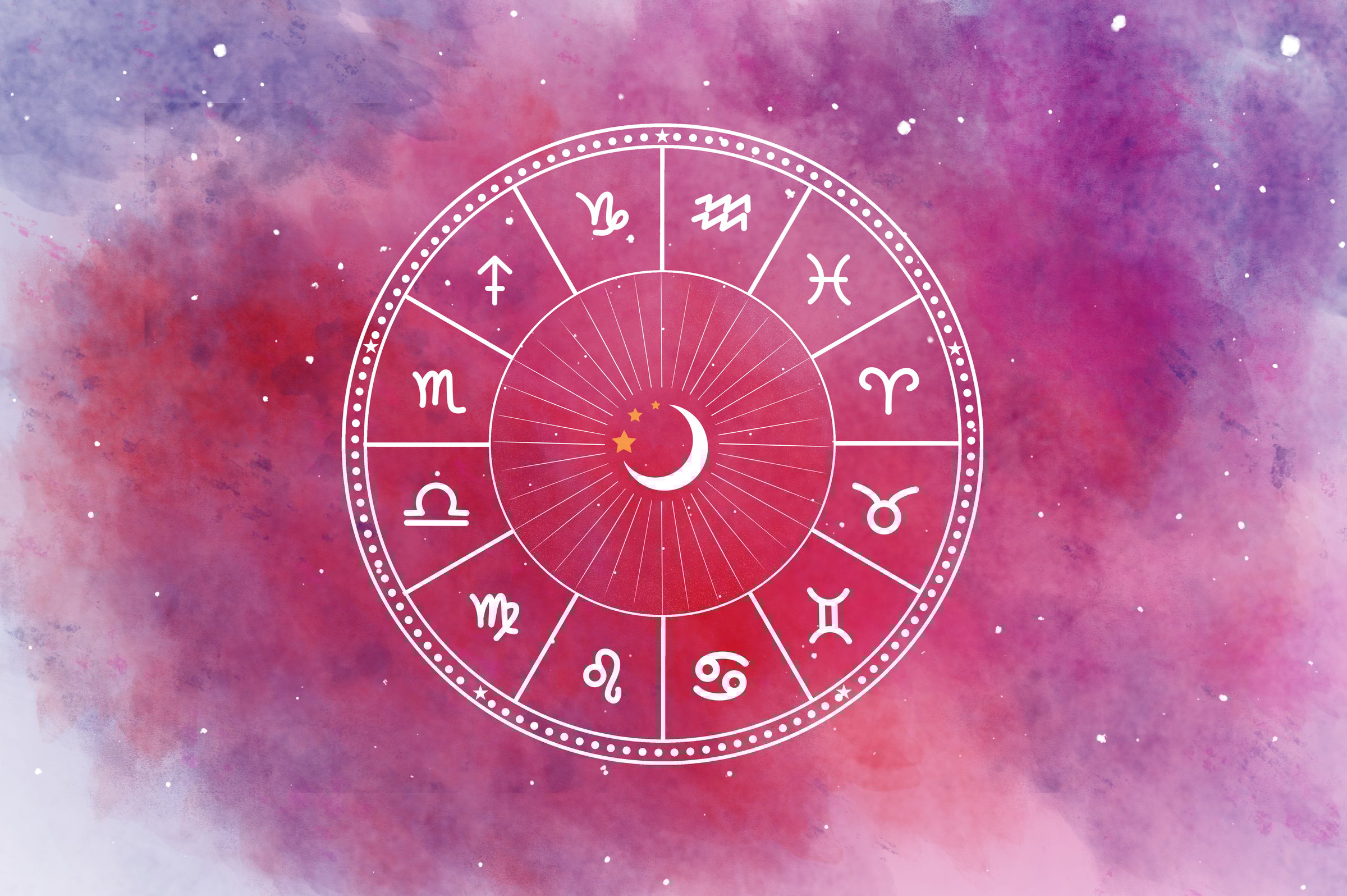 Western astrology circle with 12 zodiac signs on a colorful space background full of stars. Beautiful colors.
