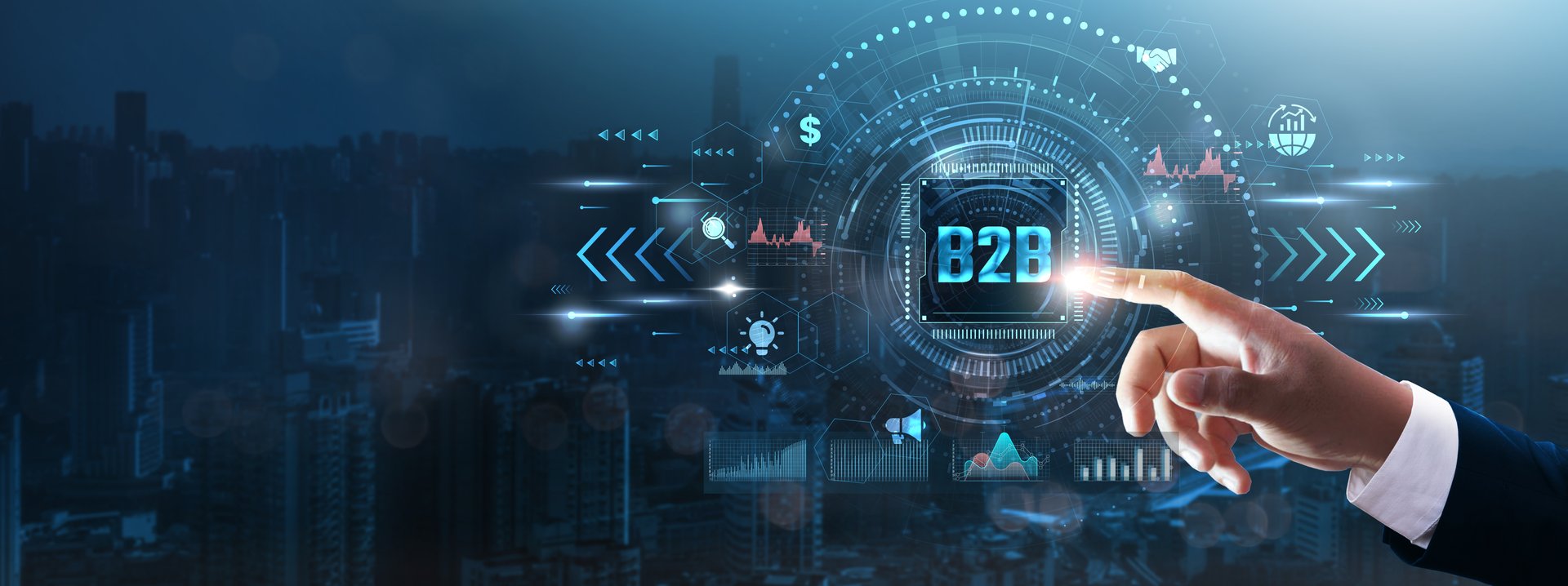 B2B: Businessman's hand touching futuristic technological interface, business partnerships, corporate strategies, supply chain integration, and technology concept.