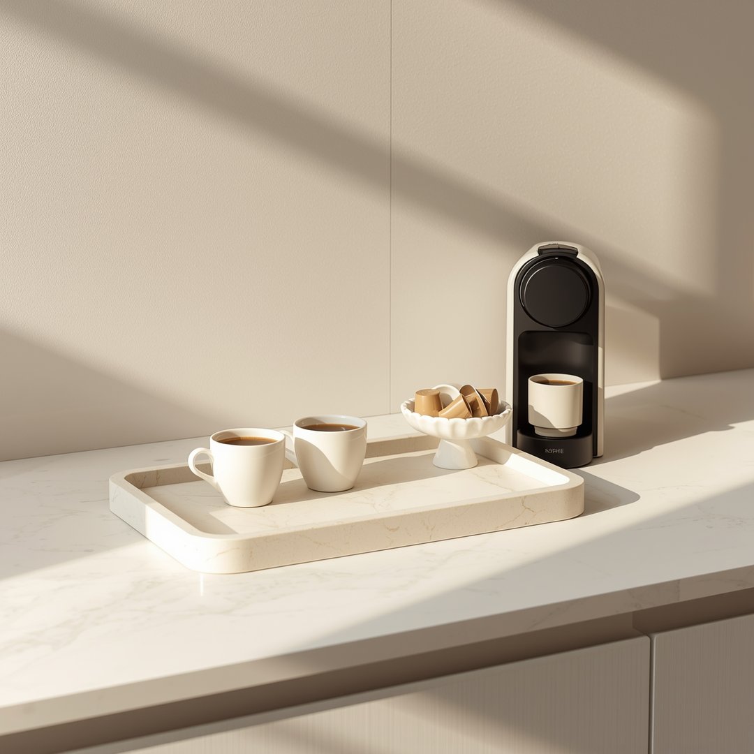 Minimalistisk kaffestasjon på kjøkkenbenk med marmorbrett og kaffekopper
