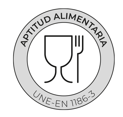 Circular logo with a glass and fork symbol, labeled Aptitud Alimentaria y UNE-EN 1186-3.