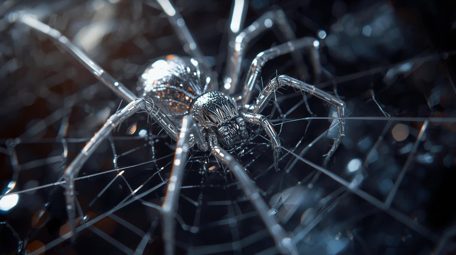 A silver metallic spider on a digital web