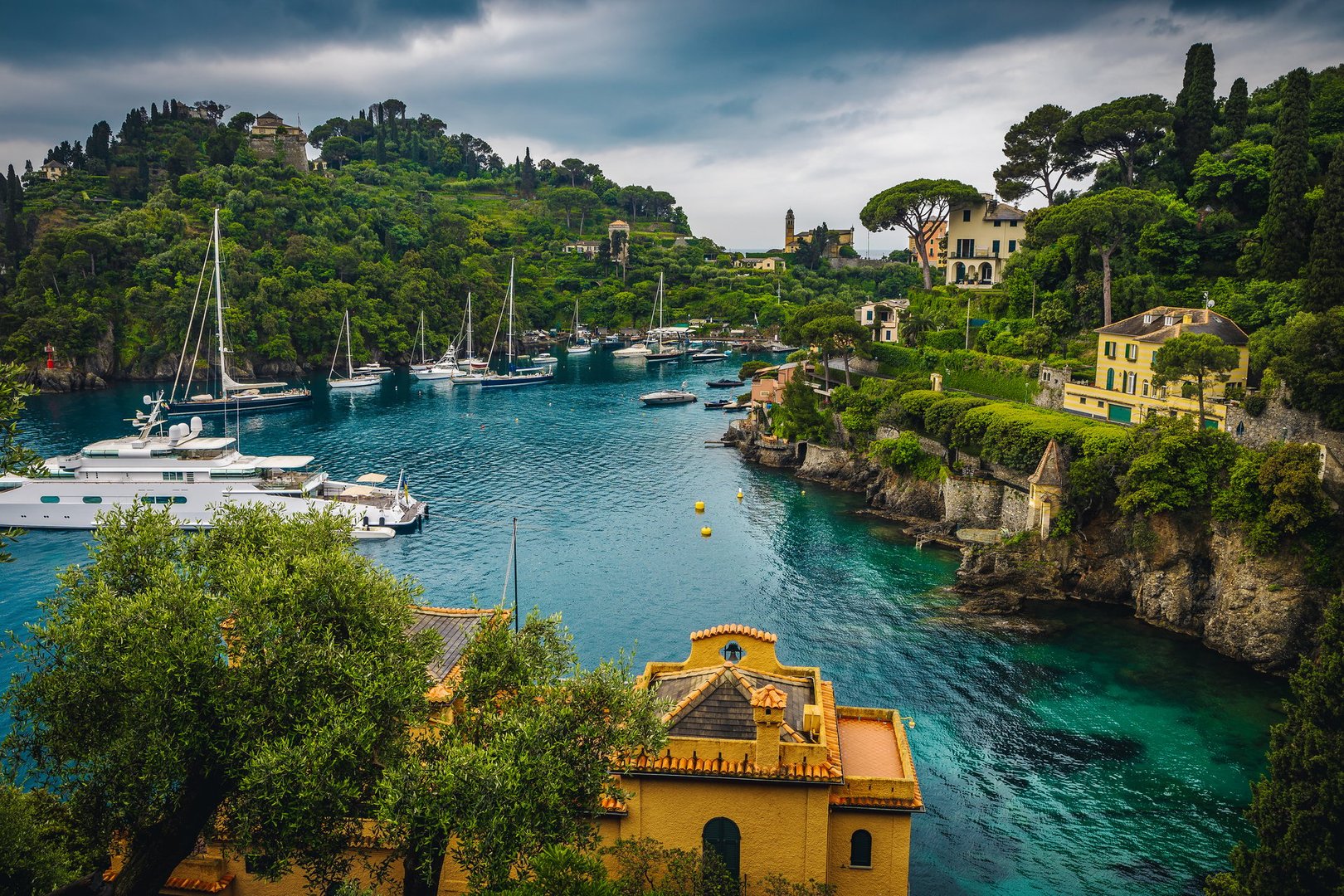Beautiful vacation and travel destination in Liguria. Great view with sailing boats and yachts in the fabulous bay of Portofino, Liguria, Italy, Europe