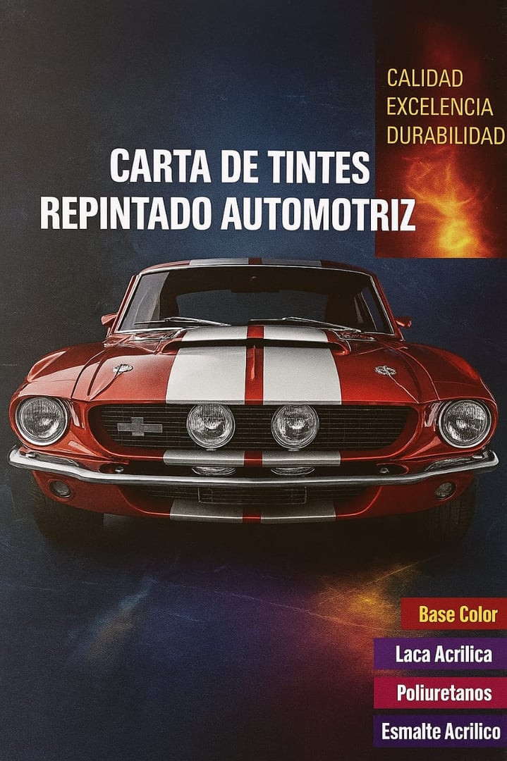 Vintage red car with white stripes on a poster for automotive paint, highlighting quality and durability.