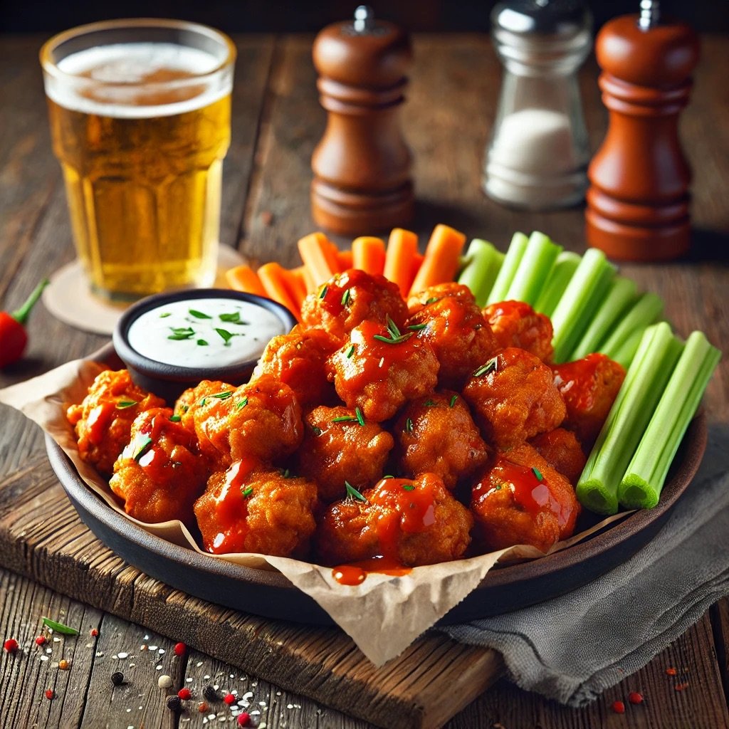 Plate of buffalo cauliflower wings with celery, carrot sticks, and dipping sauce. A glass of beer is in the background.