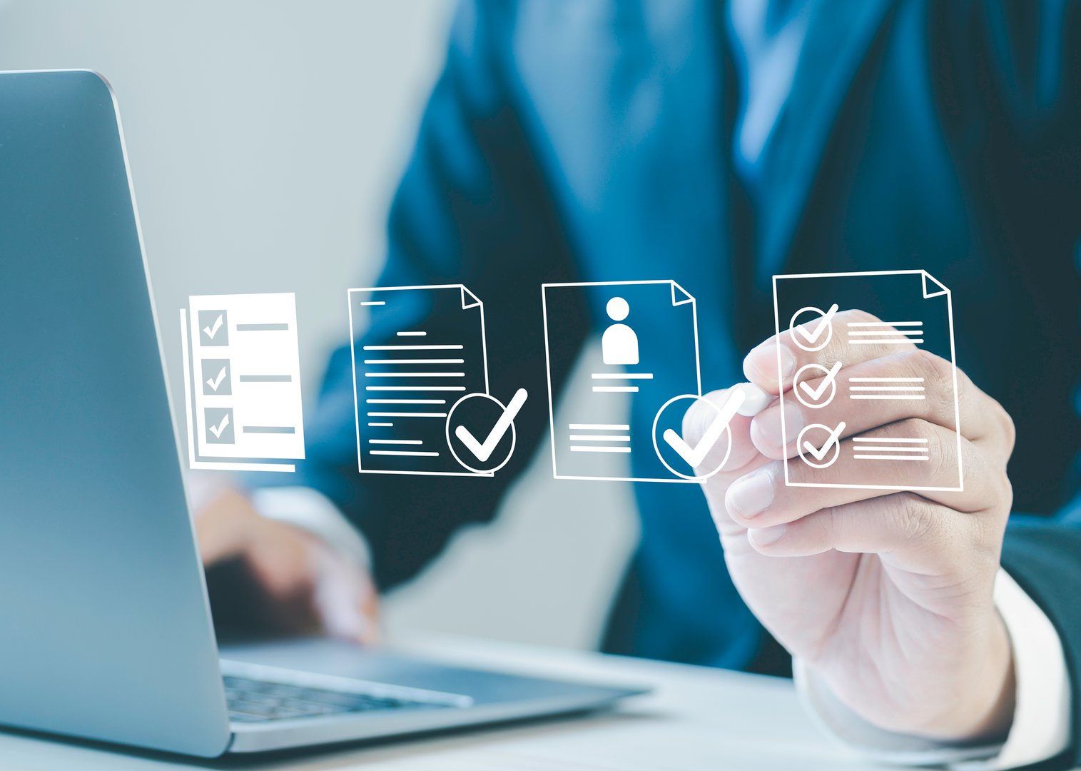 Businessman filling out employee evaluation form online Human resource management (HR), human resource management concepts, HR, recruiting, leadership and team building