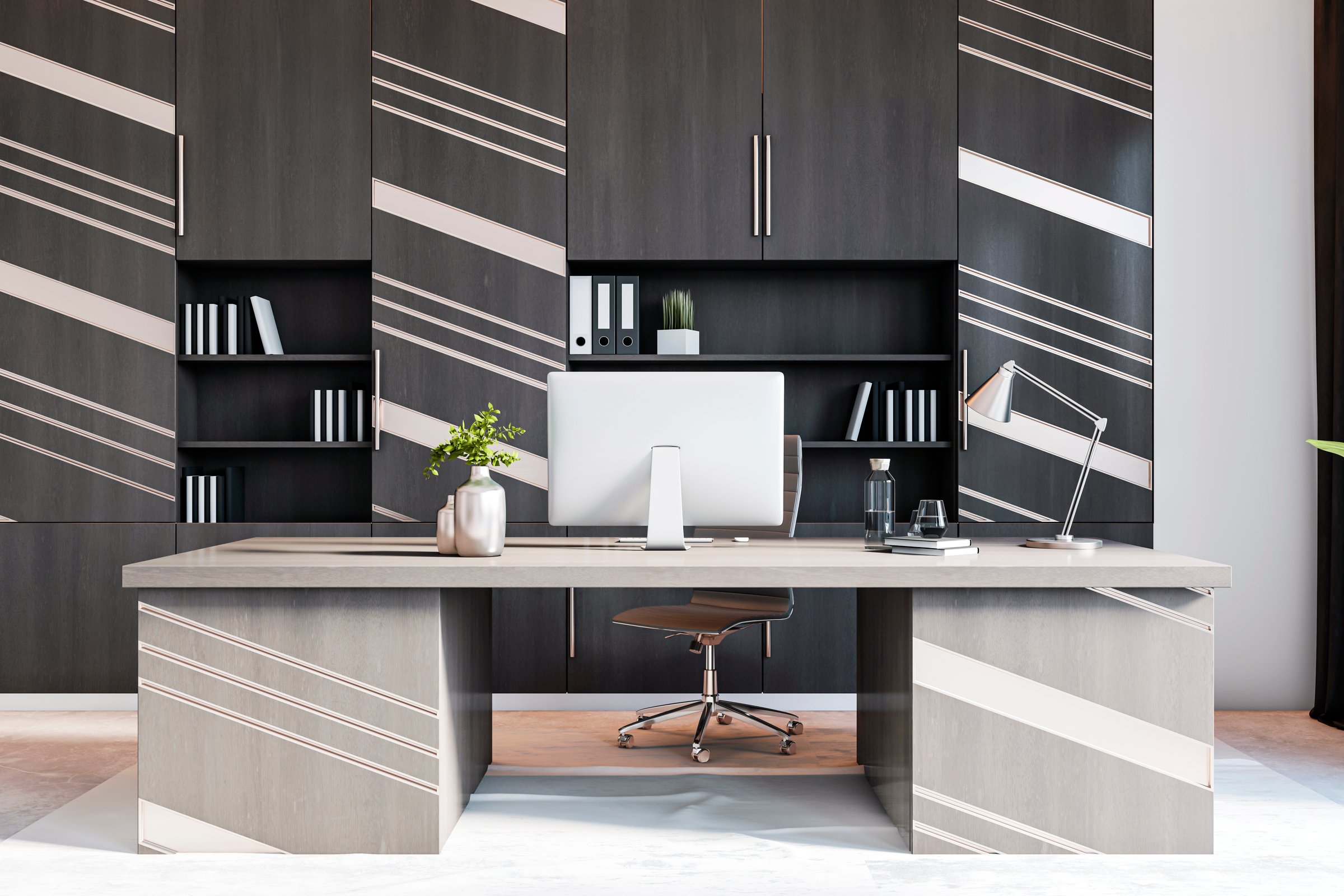 Modern executive office desk with computer and decor in a stylish room with dark patterned walls. 3D Rendering