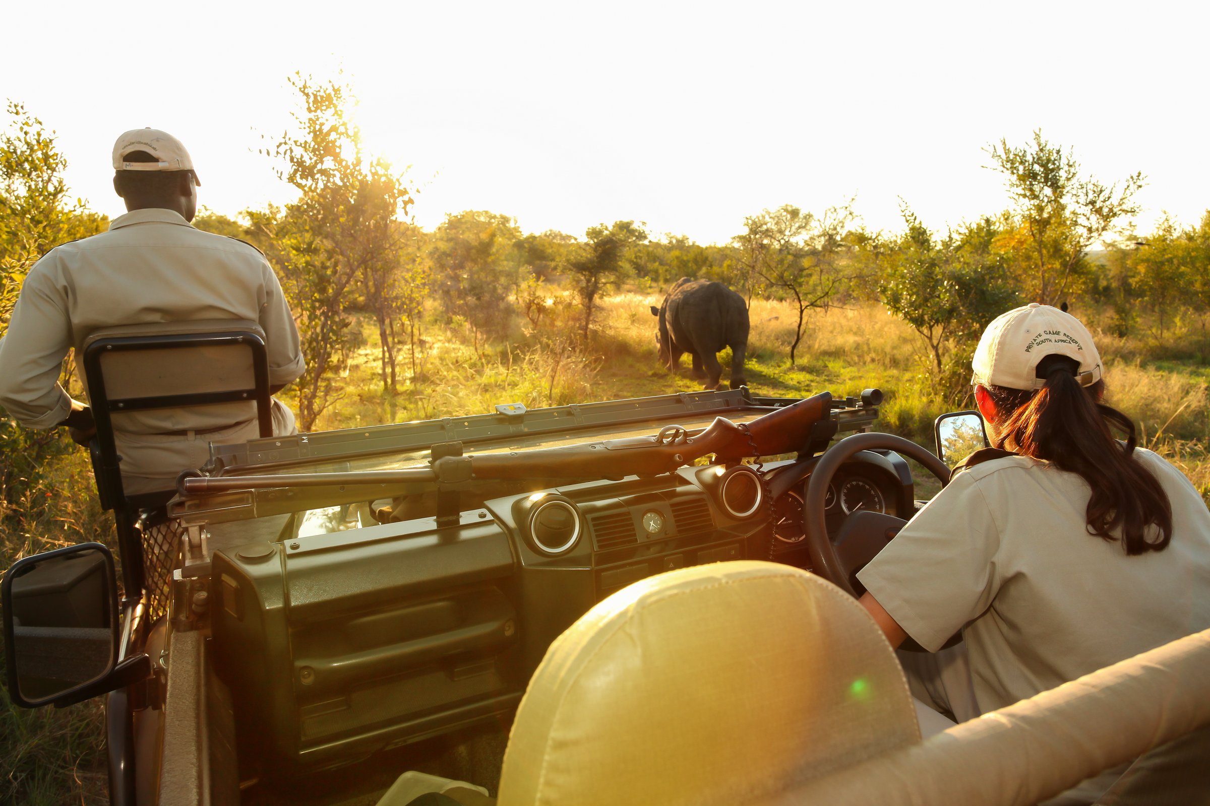Nelspruit, South Africa - May 04 2012: Conservation tracker guide sitting on the front of a safari vehicle looking for animal tracks in a game reserve
