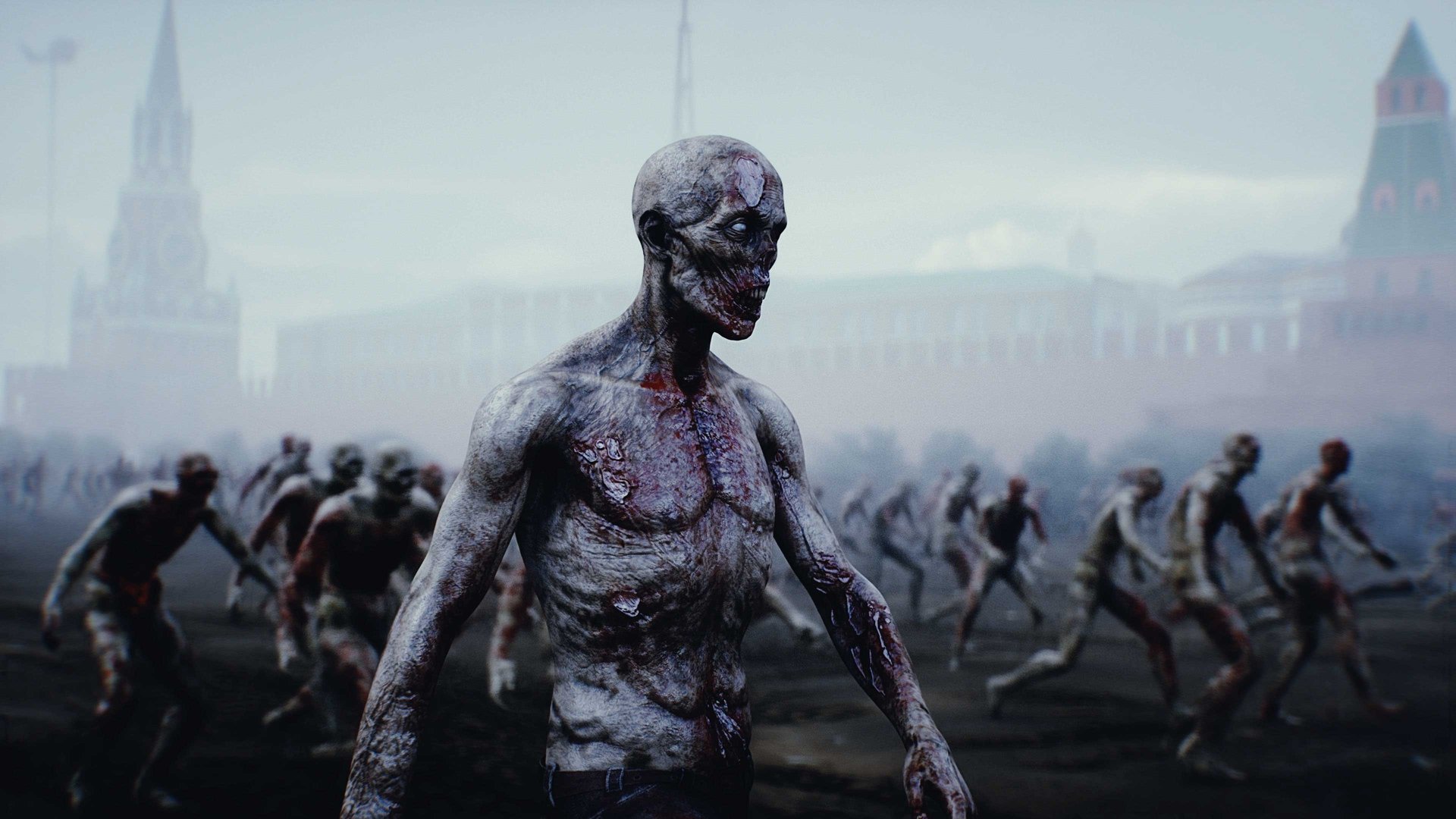 Russia apocalypse. Zombie walks on Red Square, crowd of zombies. Moscow. 3d rendering