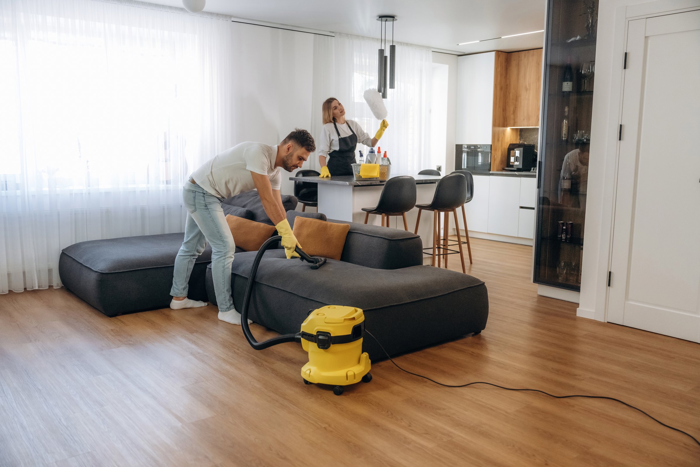 Modern interior of home. Two cleaning service workers are in domestic room.