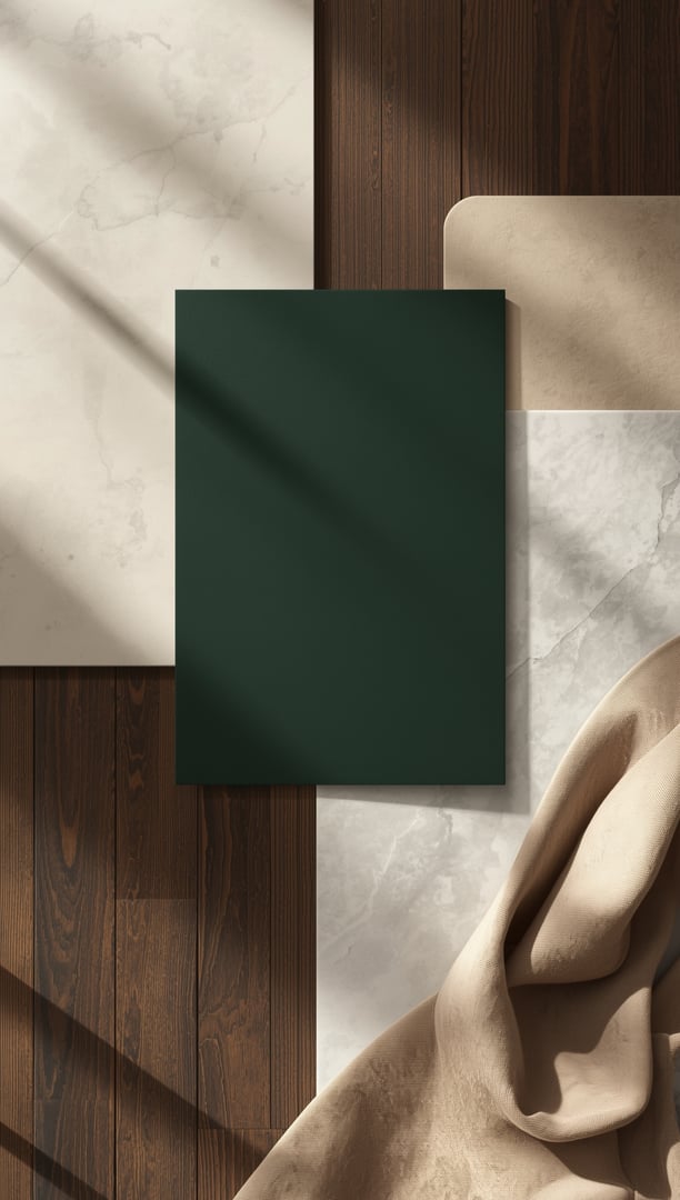 Moodboard for grønt kjøkken med hvitt og sort – grønn front, hvit stein og sorte detaljer.