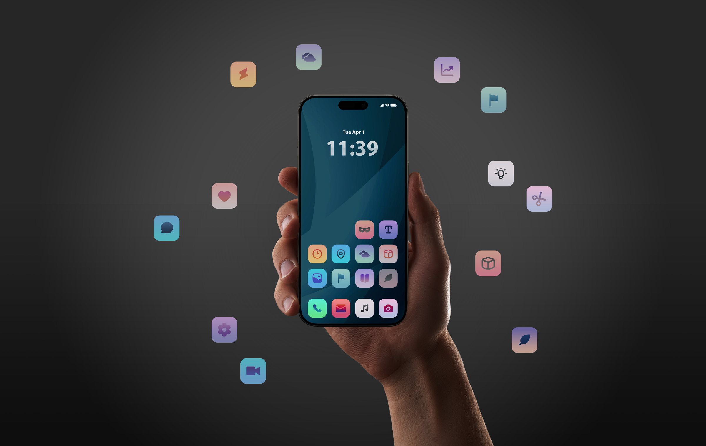 Floating app icons around smartphone in dark setting highlight digital creativity and interactive mobile experience