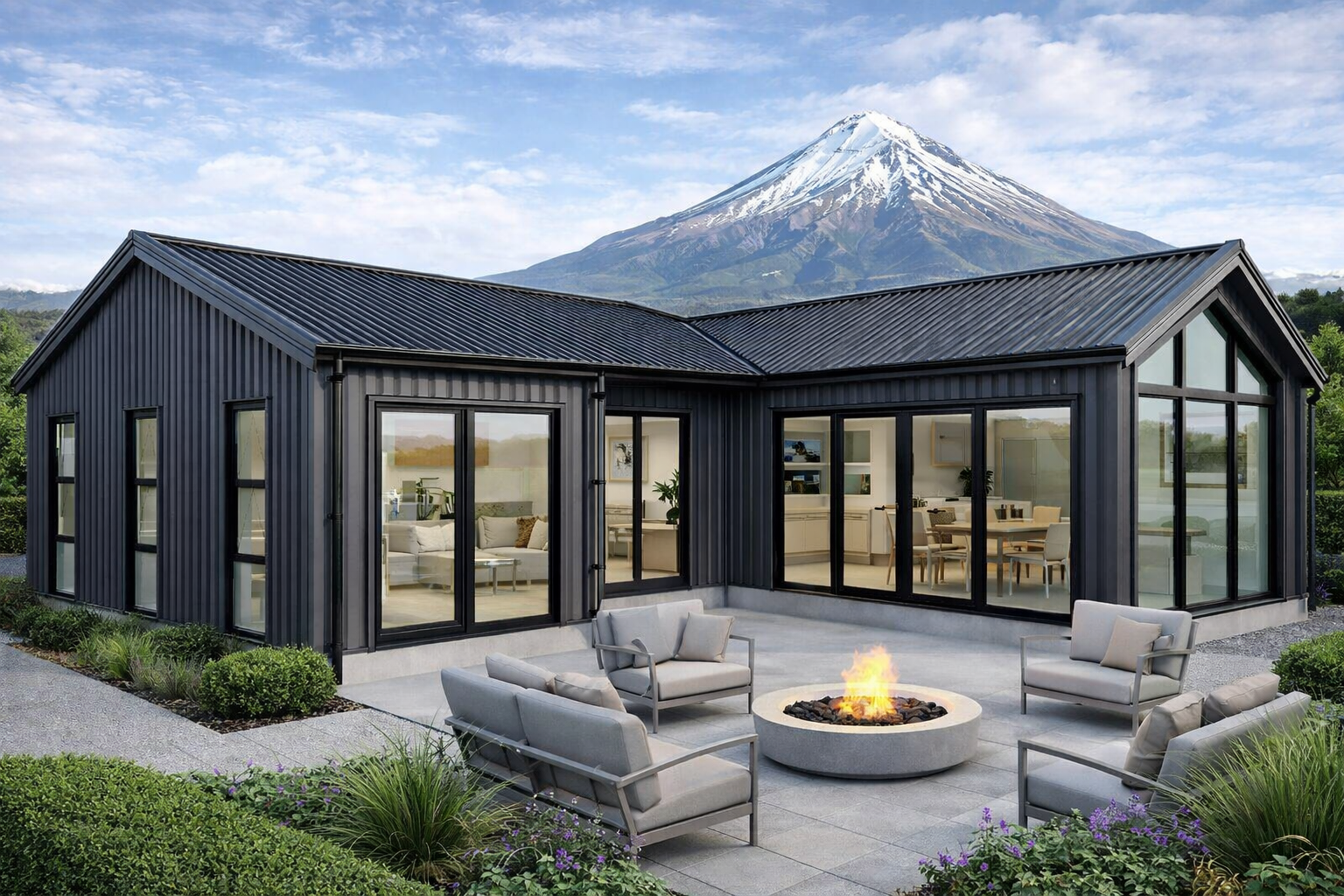 Modern black steel house design for Aroha Retreats
