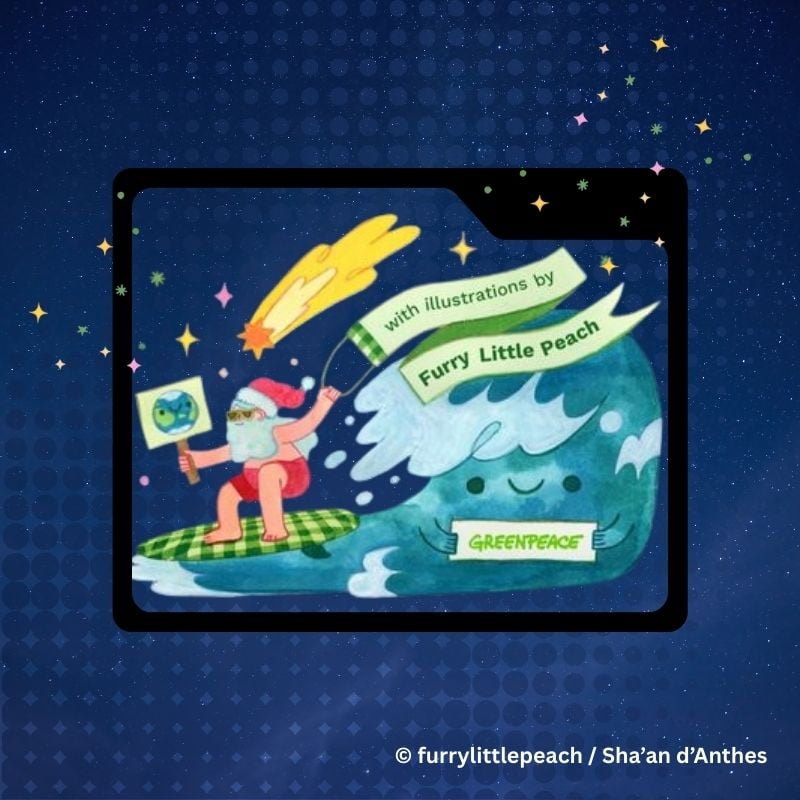 Eco-friendly festive surfing Santa illustration