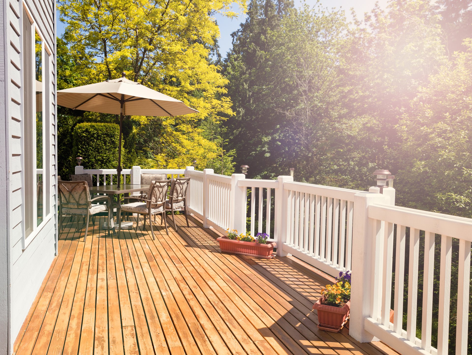 Outdoor cedar deck with furniture