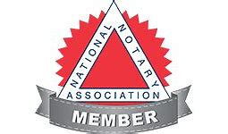 National Notary Association logo with a red triangle, bordered by a red starburst, above a gray banner reading Member.