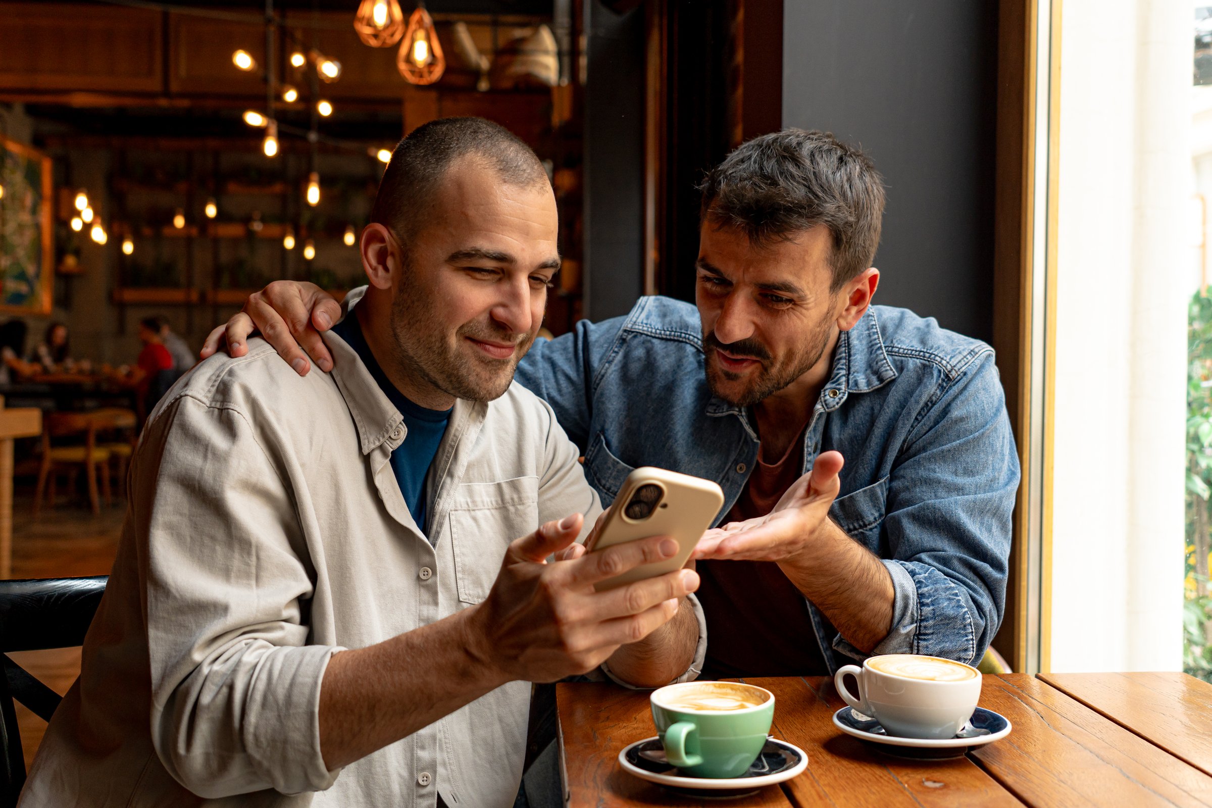 Friends enjoying coffee and browsing phones at cafe