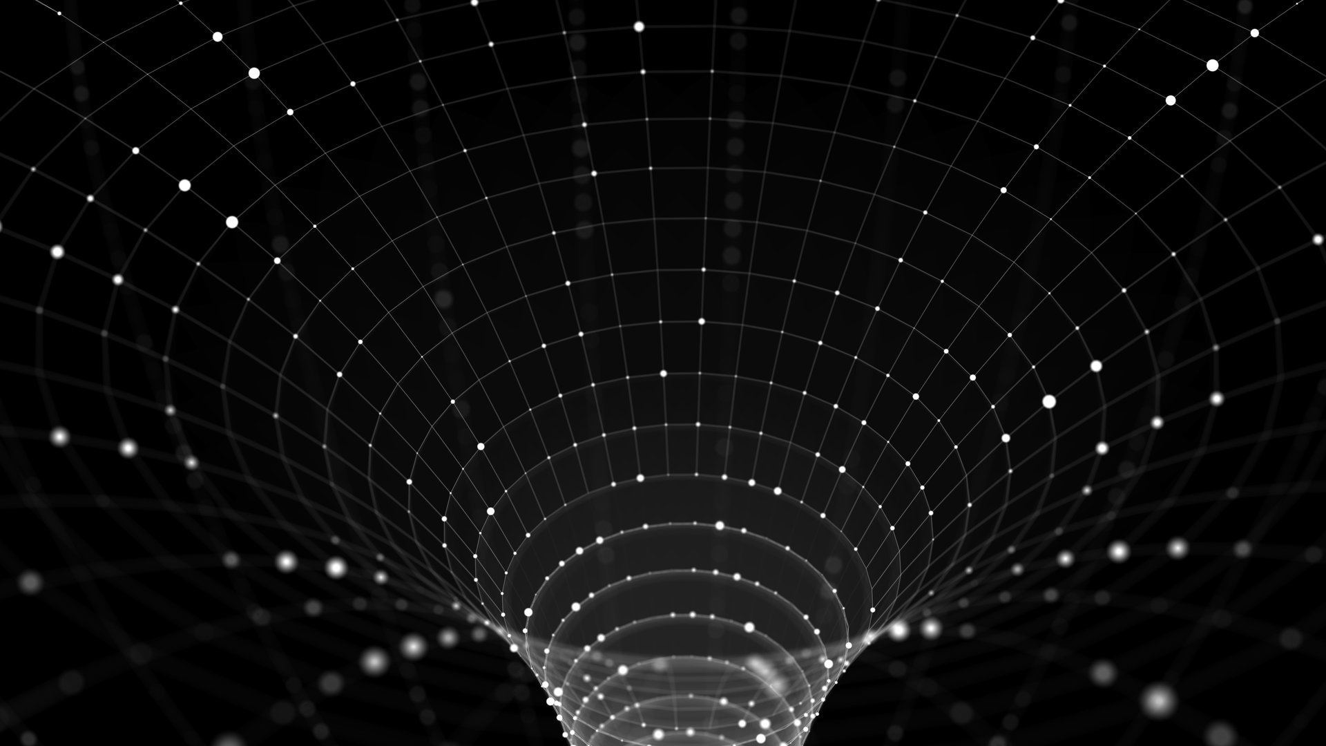 Futuristic sci-fi circle portal in space. 3D black ai tunnel with dots and lines. Abstract digital wormhole data. Flow particle by funnel. Fantasy circle vortex on dark background. 3D rendering.