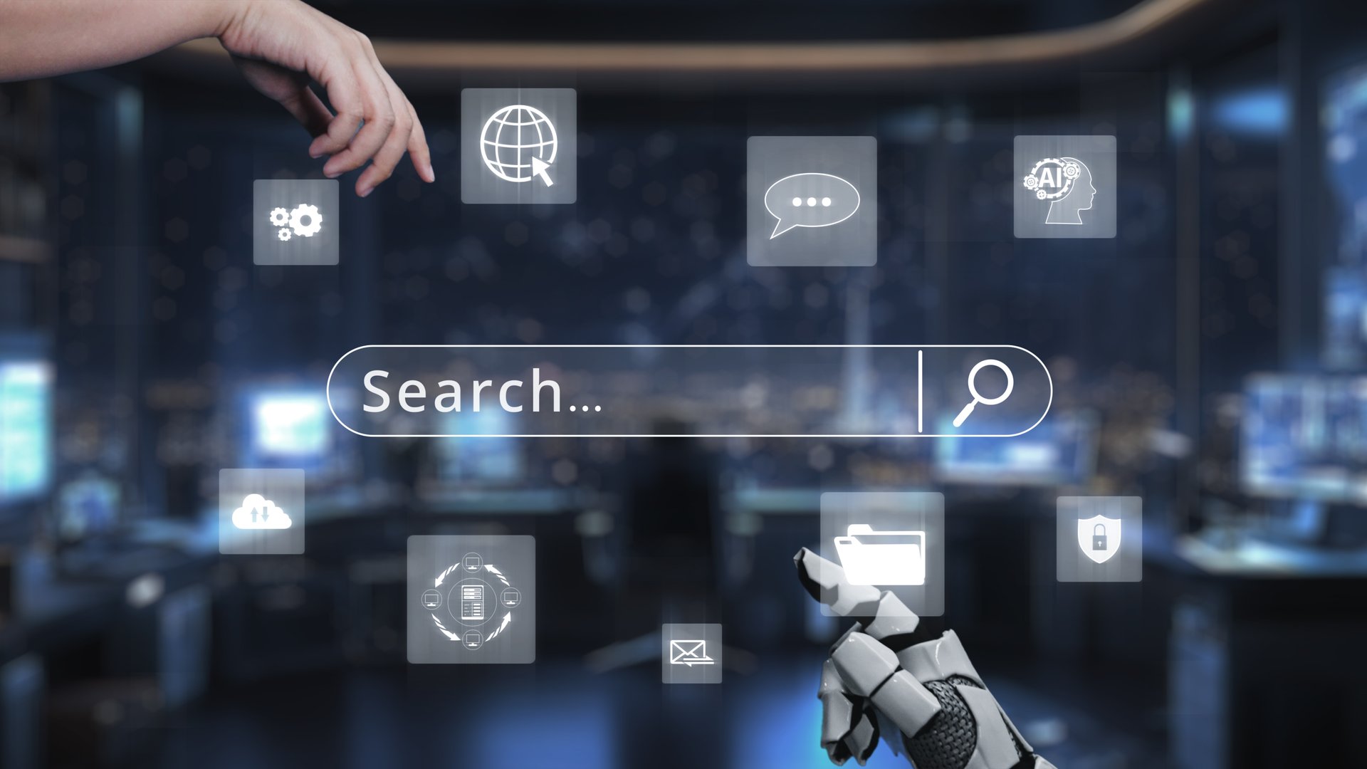 A visual representation of interaction between a human hand and a robotic arm within a modern office setup, featuring technology and communication icons, symbolizing innovation. Auvana