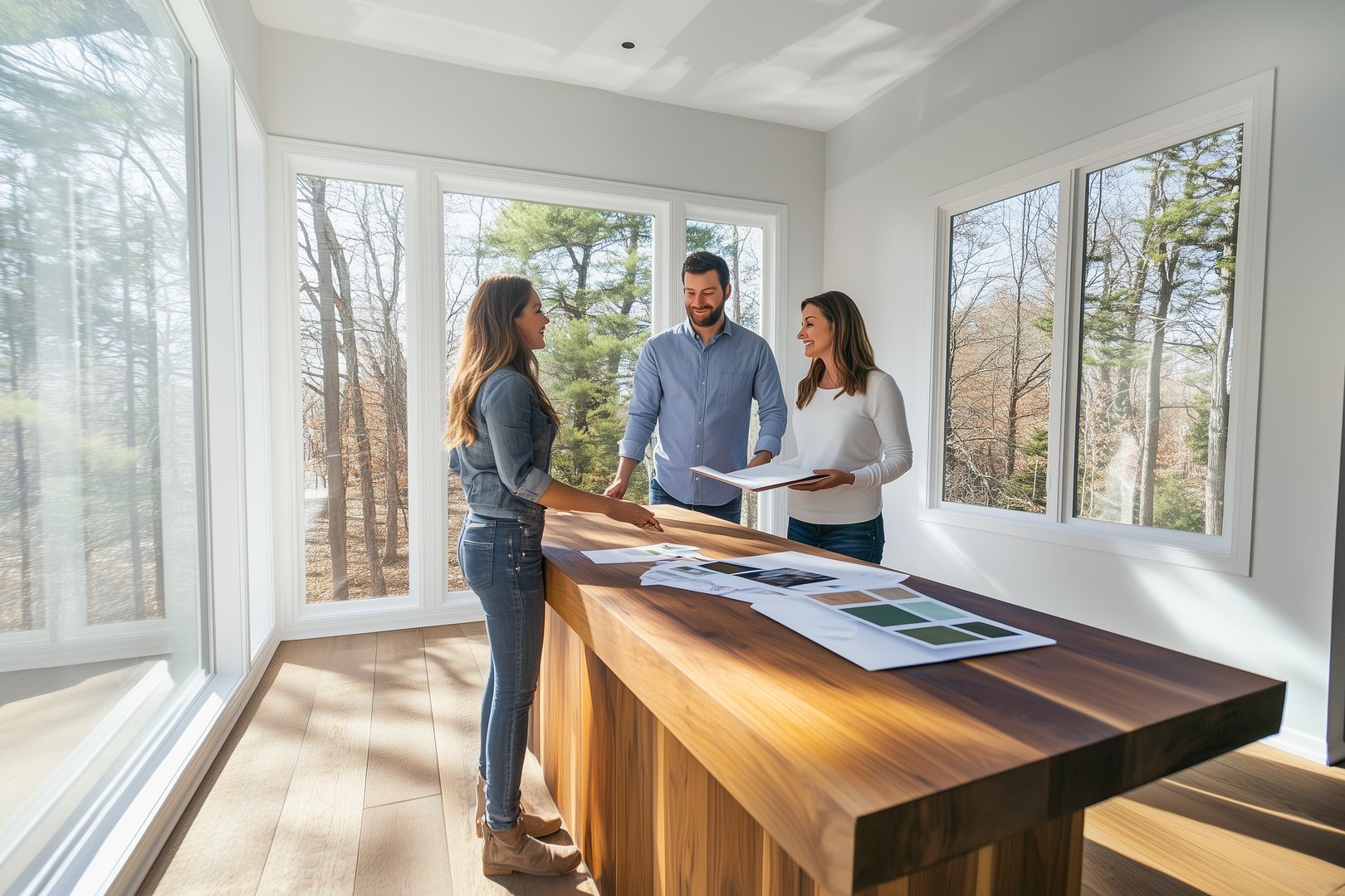 Three people discussing design plans in a bright room with large windows overlooking a wooded area.