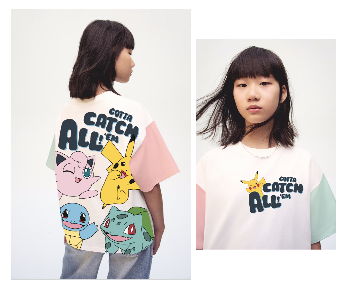 Child wearing a Pokemon-themed T-shirt with characters Jigglypuff, Pikachu, Squirtle, and Bulbasaur and the slogan "Gotta Catch 'Em All."