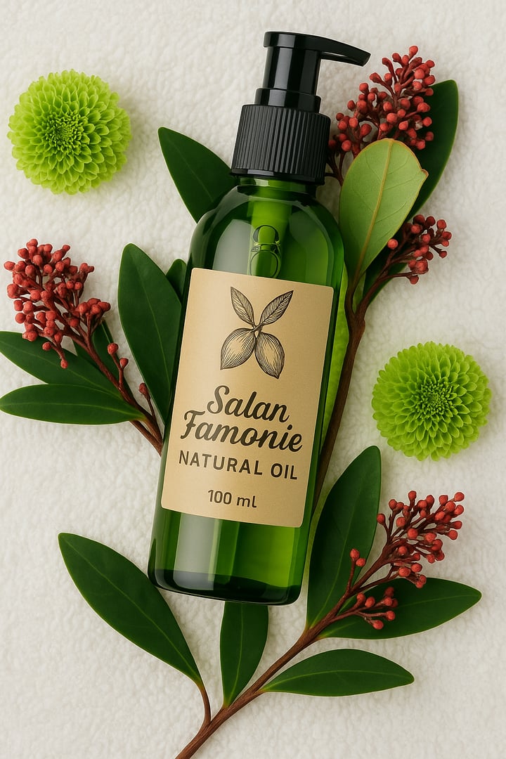 A bottle of Salan Famonie Rosehip Oil